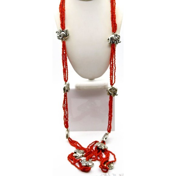 Amazing Elephant Statement Necklace, Vintage Tribal Red Seed Bead Multi Strand - Picture 1 of 3
